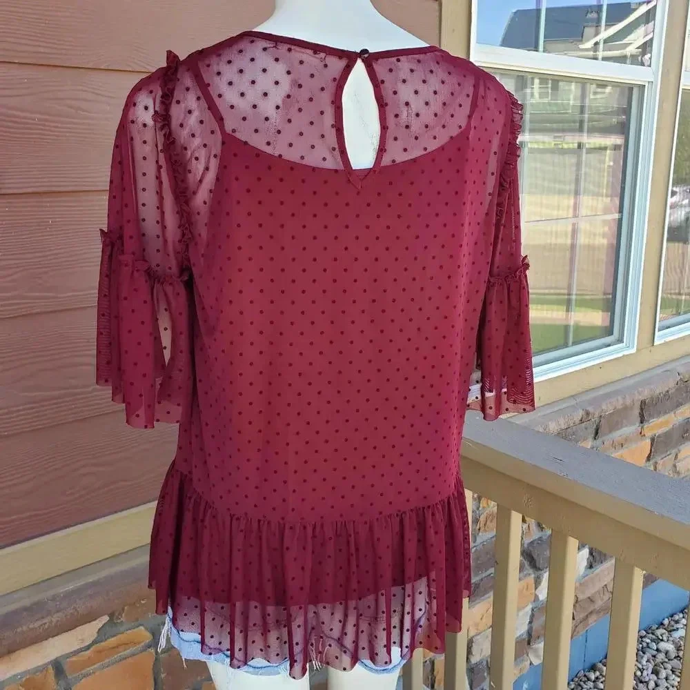 Pleione Sheer Short Sleeve Swiss Dot Blouse - Red - Women's Size Small NWOT